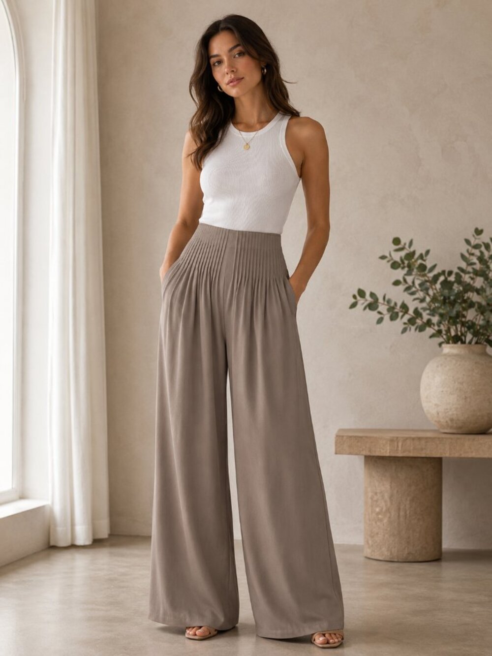 Taupe Pleat Perfection Wide-Leg Pants